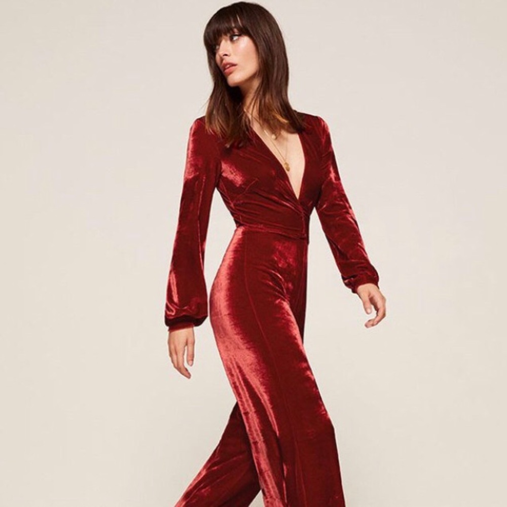 Reformation Cassie Velvet Jumpsuit in Cherry